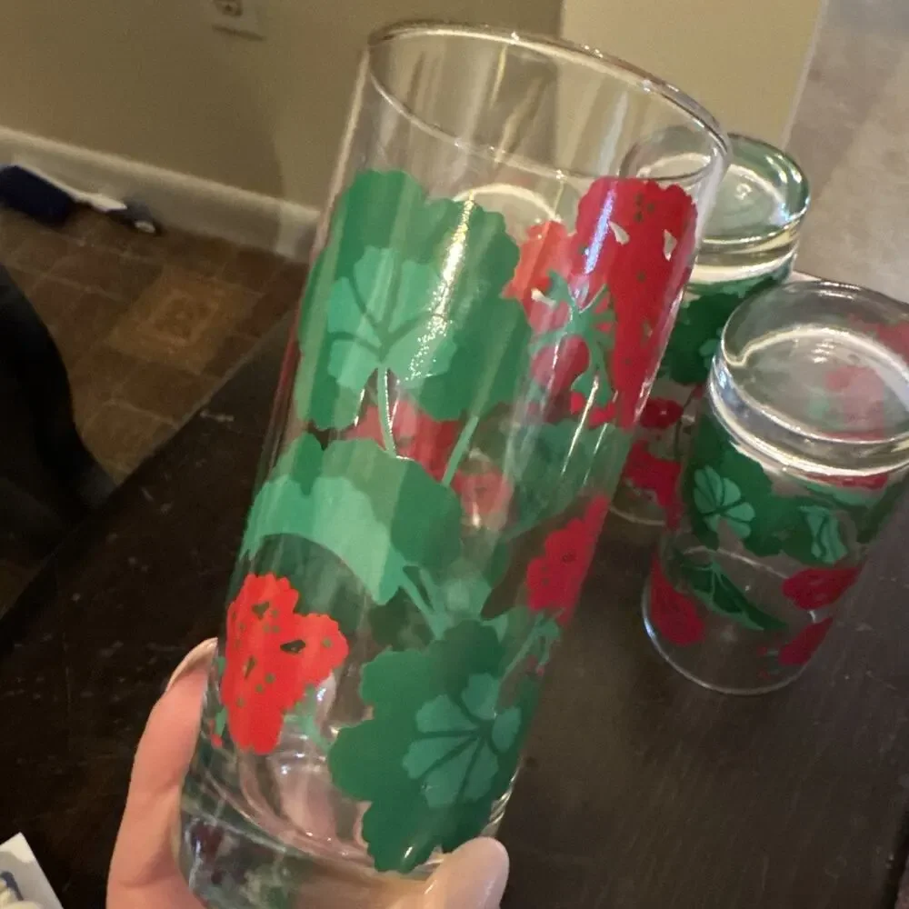 Vintage Avon 1983 Red Geranium Floral Highball Glasses Set of 4 Retro
